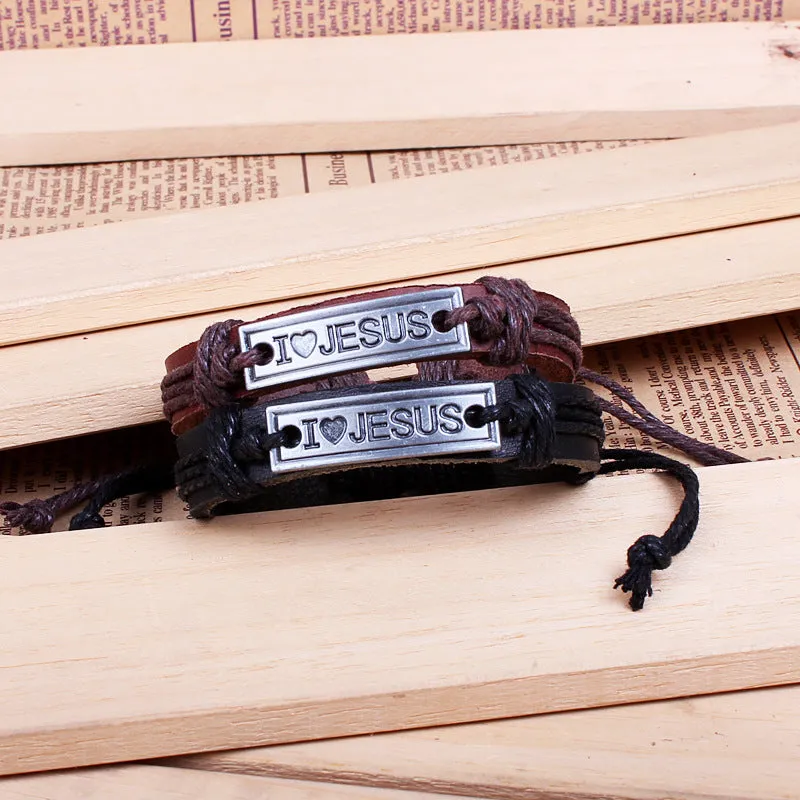 Vintage Braided Leather Bracelet Jesus Cowhide Bracelet