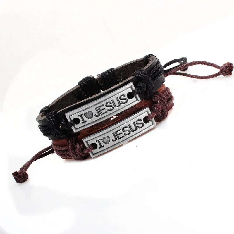 Vintage Braided Leather Bracelet Jesus Cowhide Bracelet