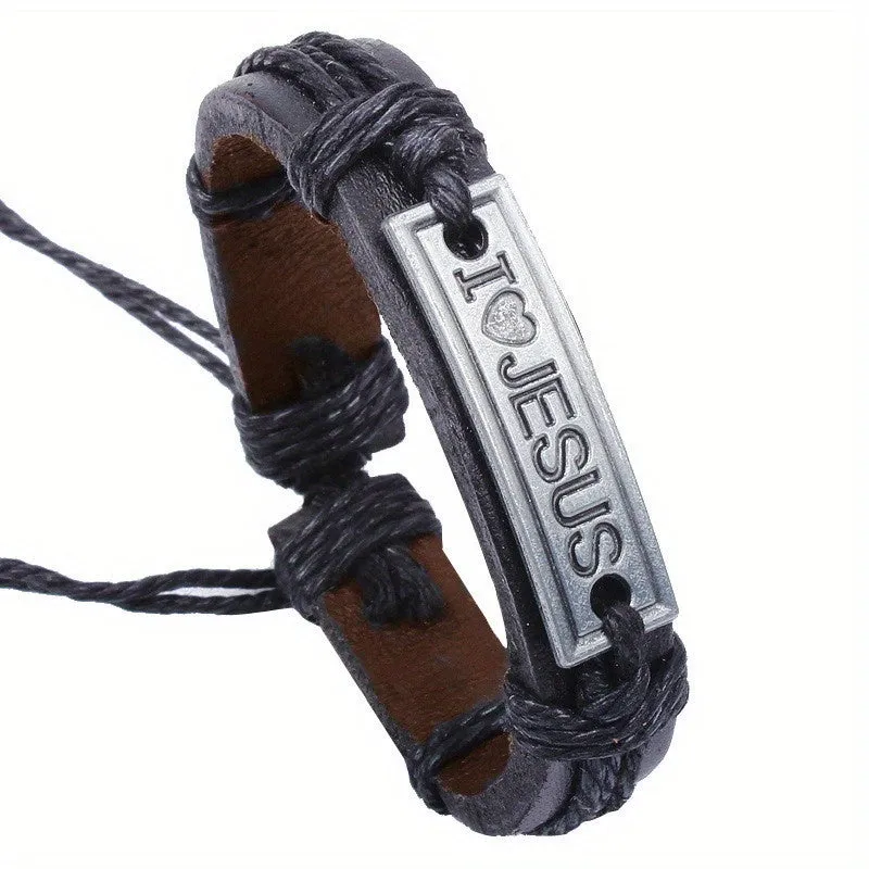 Vintage Braided Leather Bracelet Jesus Cowhide Bracelet