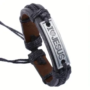 Vintage Braided Leather Bracelet Jesus Cowhide Bracelet