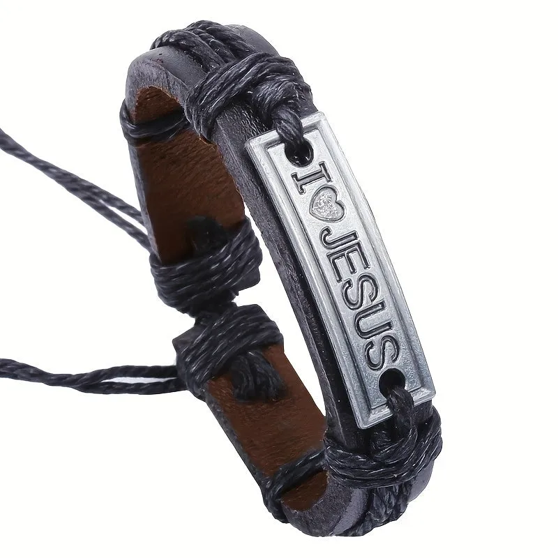 Vintage Braided Leather Bracelet Jesus Cowhide Bracelet