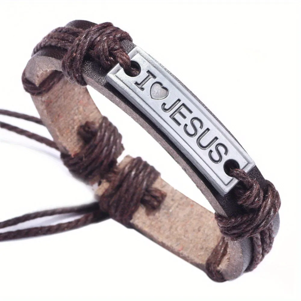 Vintage Braided Leather Bracelet Jesus Cowhide Bracelet