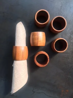 vintage mid-century solid teak napkin rings - set of 6