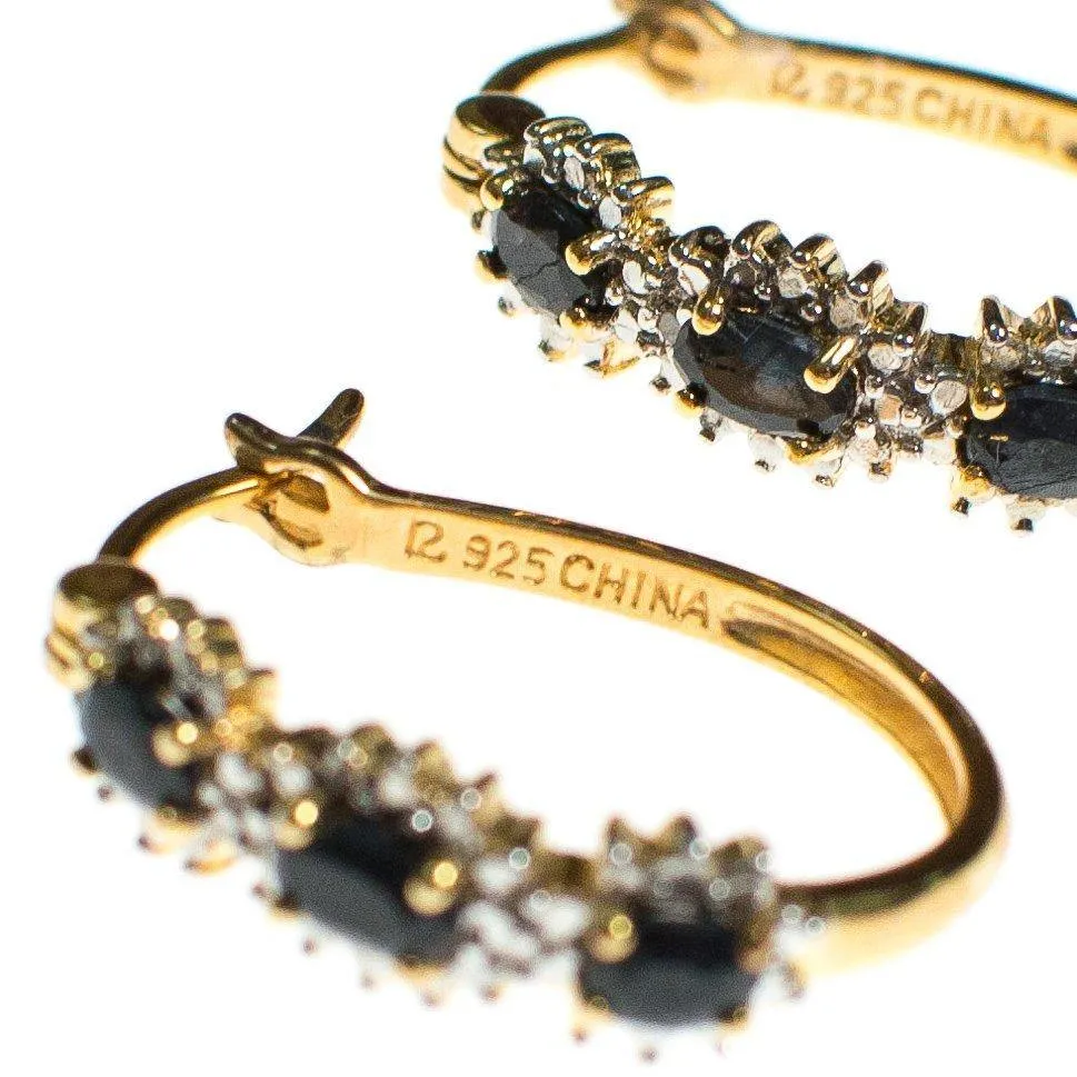 Vintage Sapphire and Diamond 18kt Gold Over Sterling Silver Hoop Earrings, Pierced