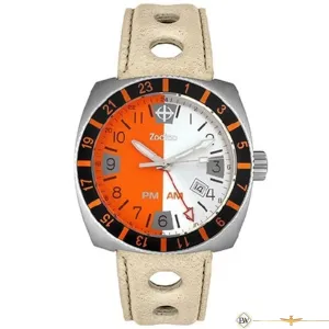 Vintage Style Zodiac V-Sport Swiss Watch ZO2100 GMT AM/PM Orange Silver Dial