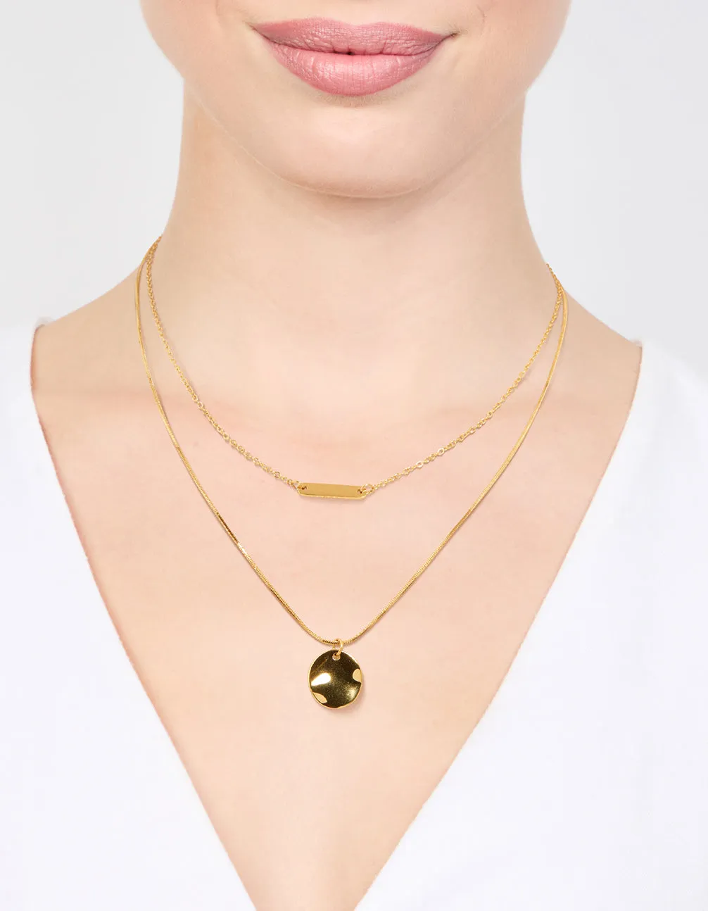 Waterproof Gold Plated Stainless Steel Bar & Coin Pendant Necklace