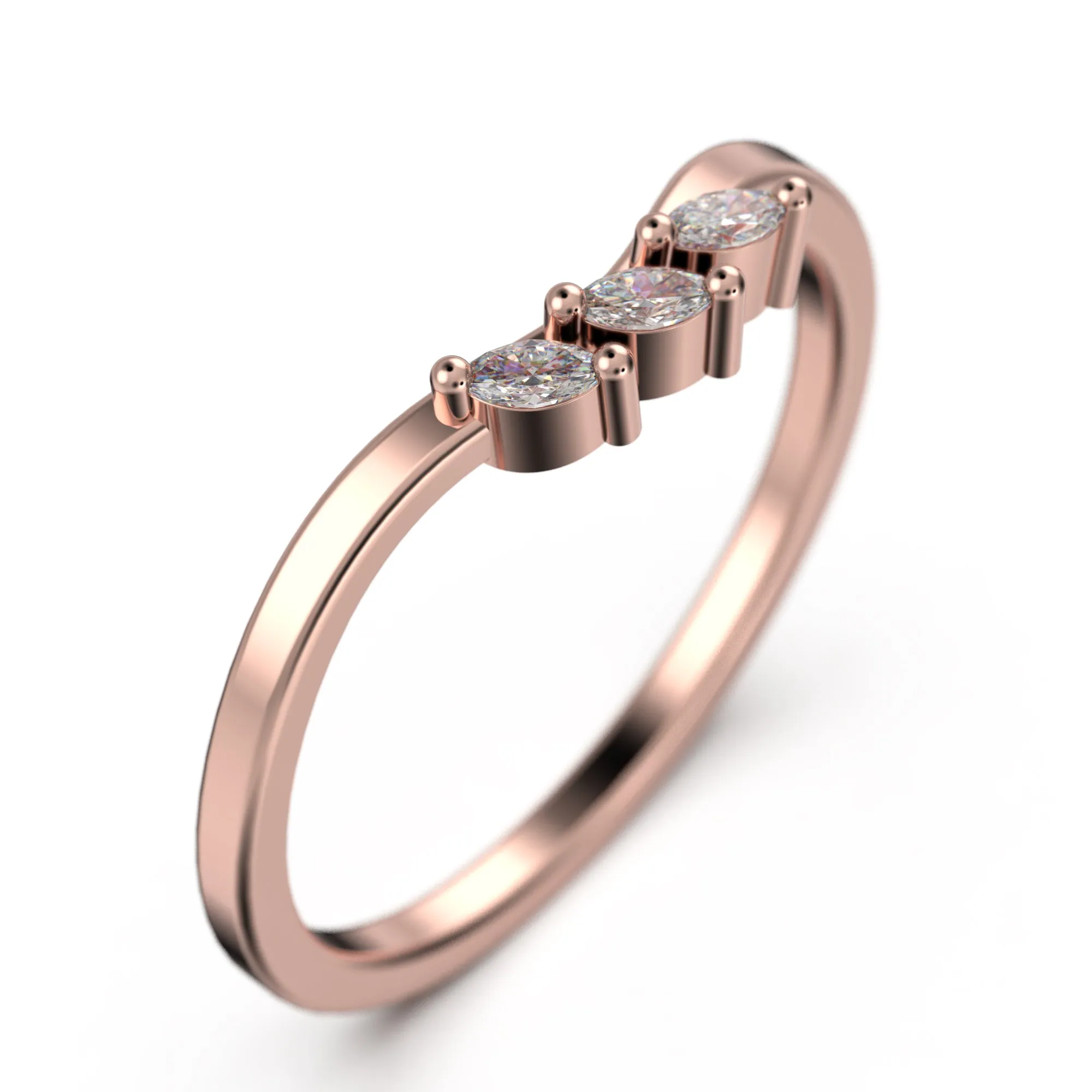Wedding Band 0.12 ct Diamond Moissanite Ring Three Marquise Stones 18K Gold Over Silver