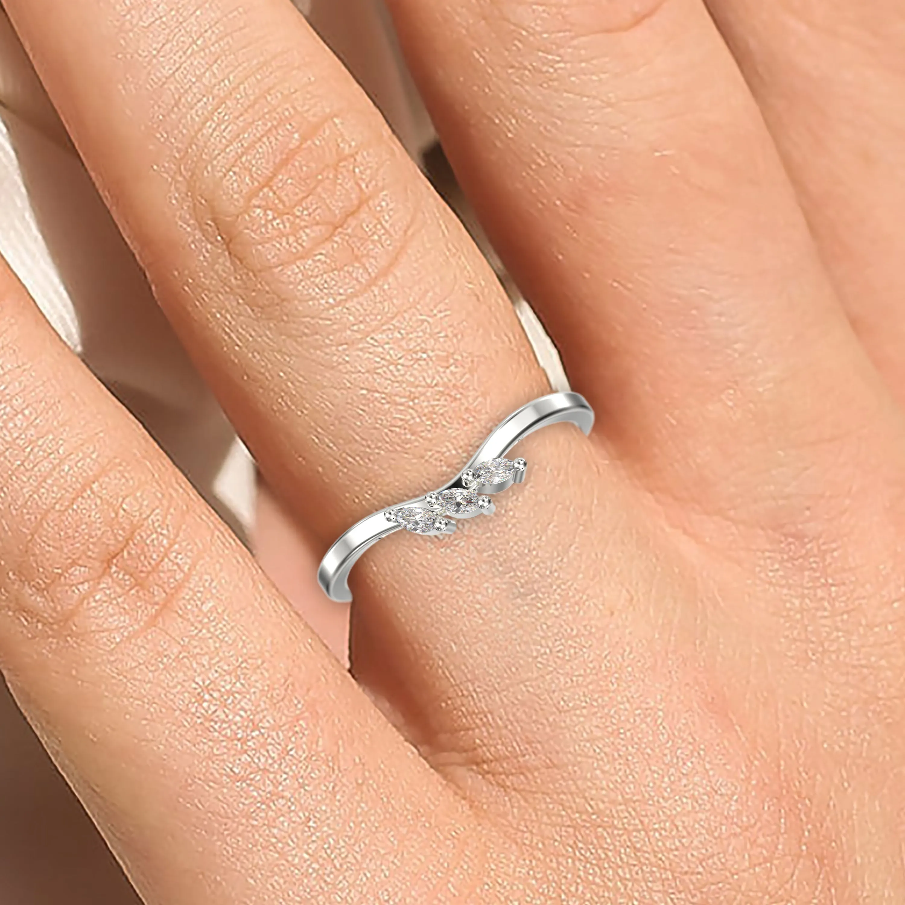 Wedding Band 0.12 ct Diamond Moissanite Ring Three Marquise Stones 18K Gold Over Silver