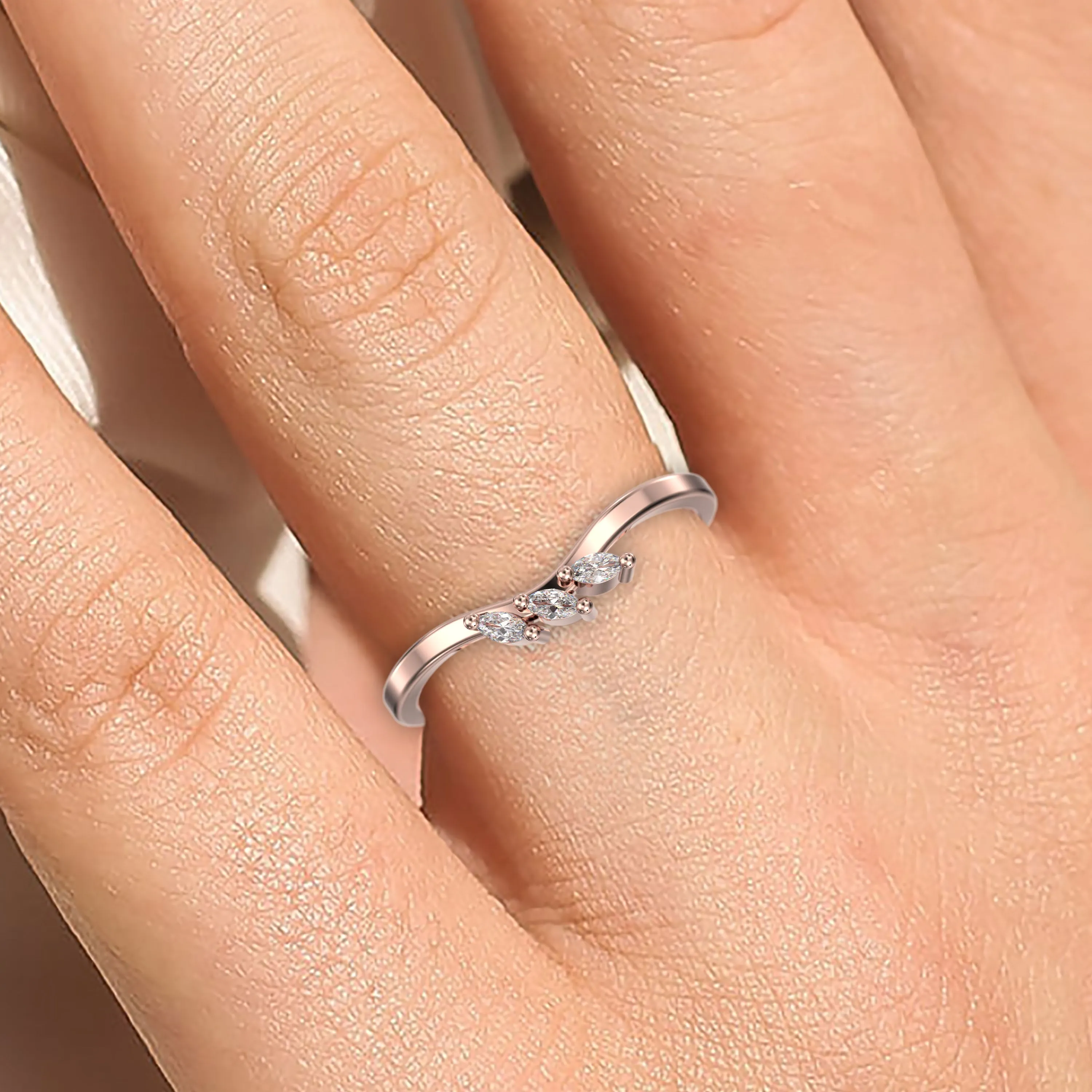 Wedding Band 0.12 ct Diamond Moissanite Ring Three Marquise Stones 18K Gold Over Silver