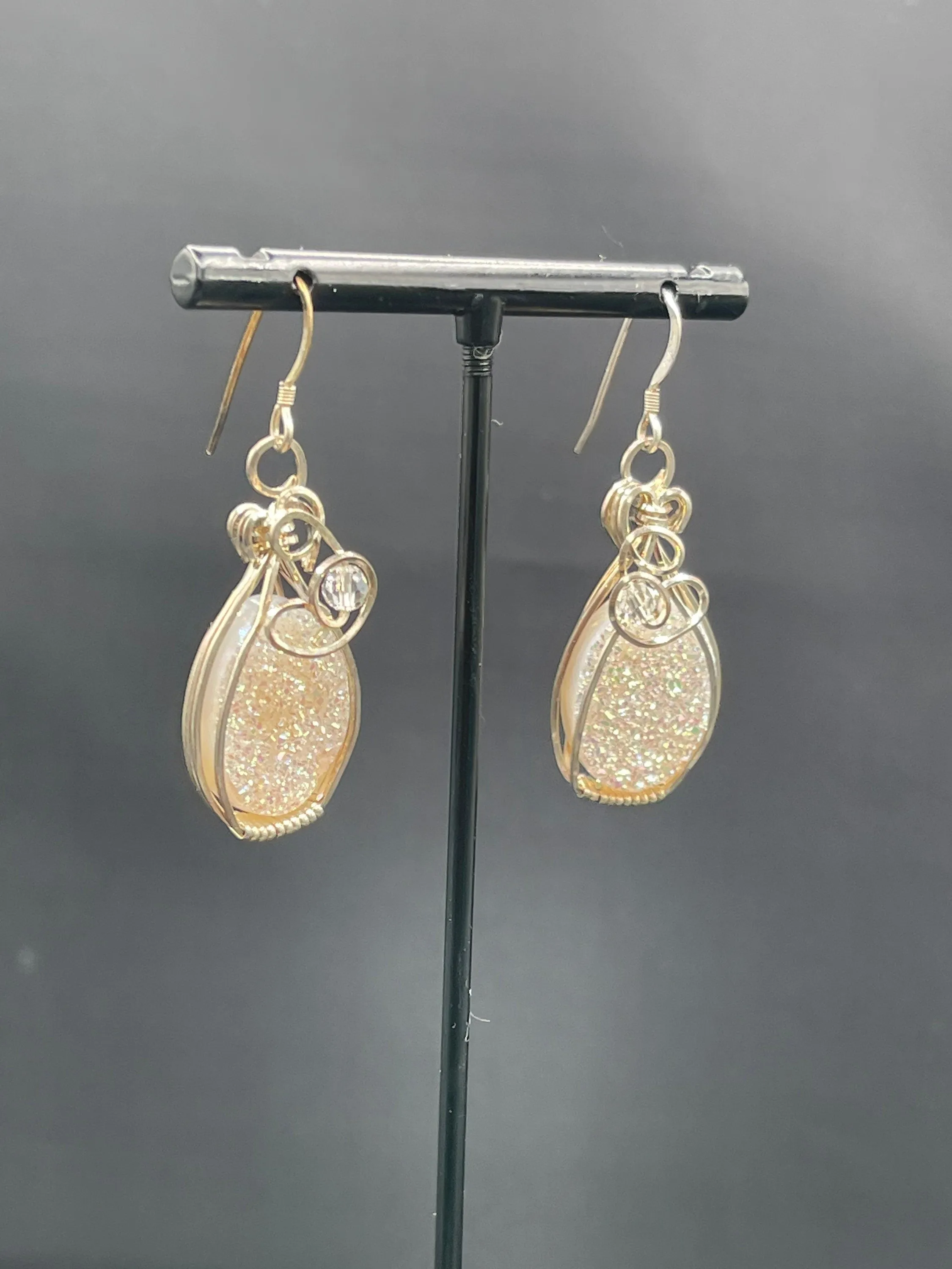 White Druzy Quartz Sterling Silver Wire Wrapped Dangle Earrings
