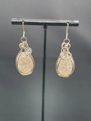 White Druzy Quartz Sterling Silver Wire Wrapped Dangle Earrings
