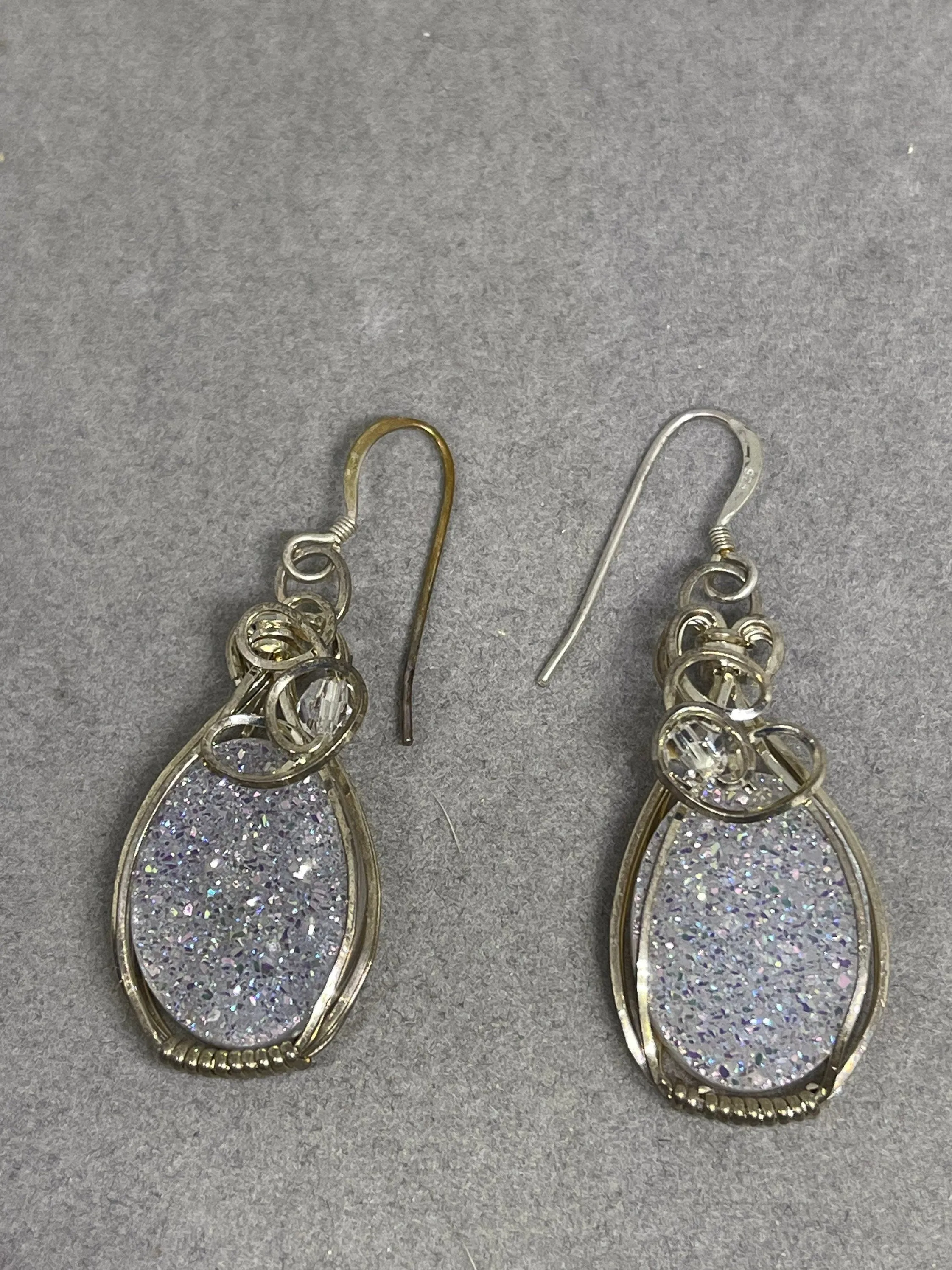 White Druzy Quartz Sterling Silver Wire Wrapped Dangle Earrings