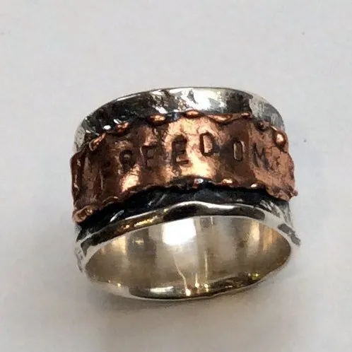 Wide unisex band, two tone band, Silver copper ring, personalized jewelry, personalized wide band, chunky silver band - Freedom R2327