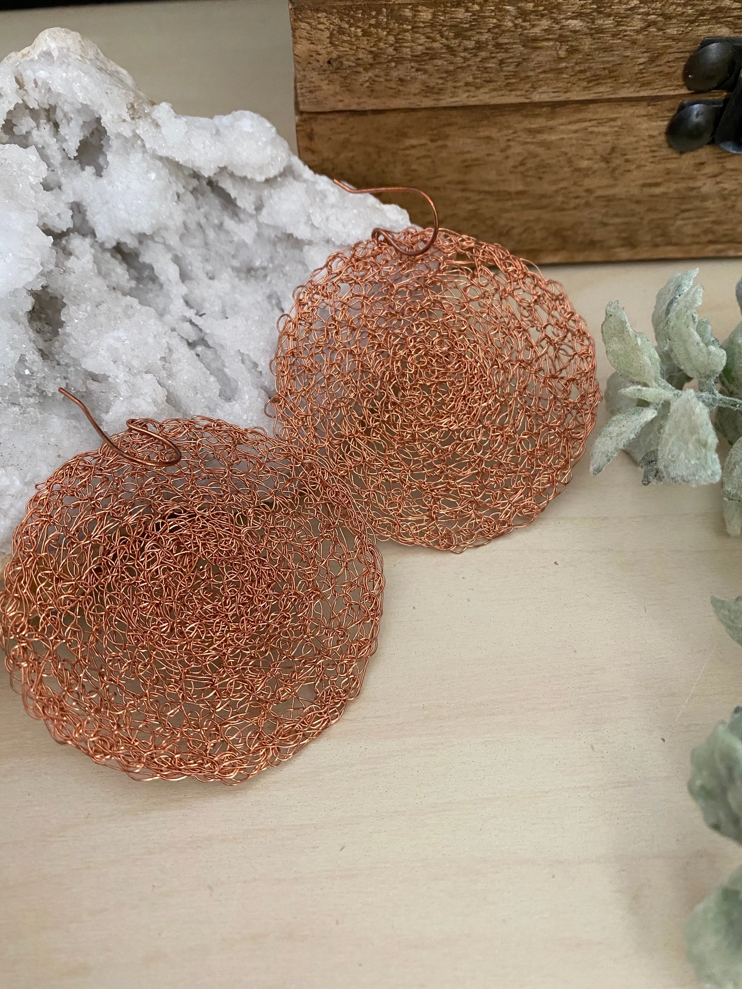 Wire Crochet Copper Tanya Earrings - Extra Large Copper Disc Earrings