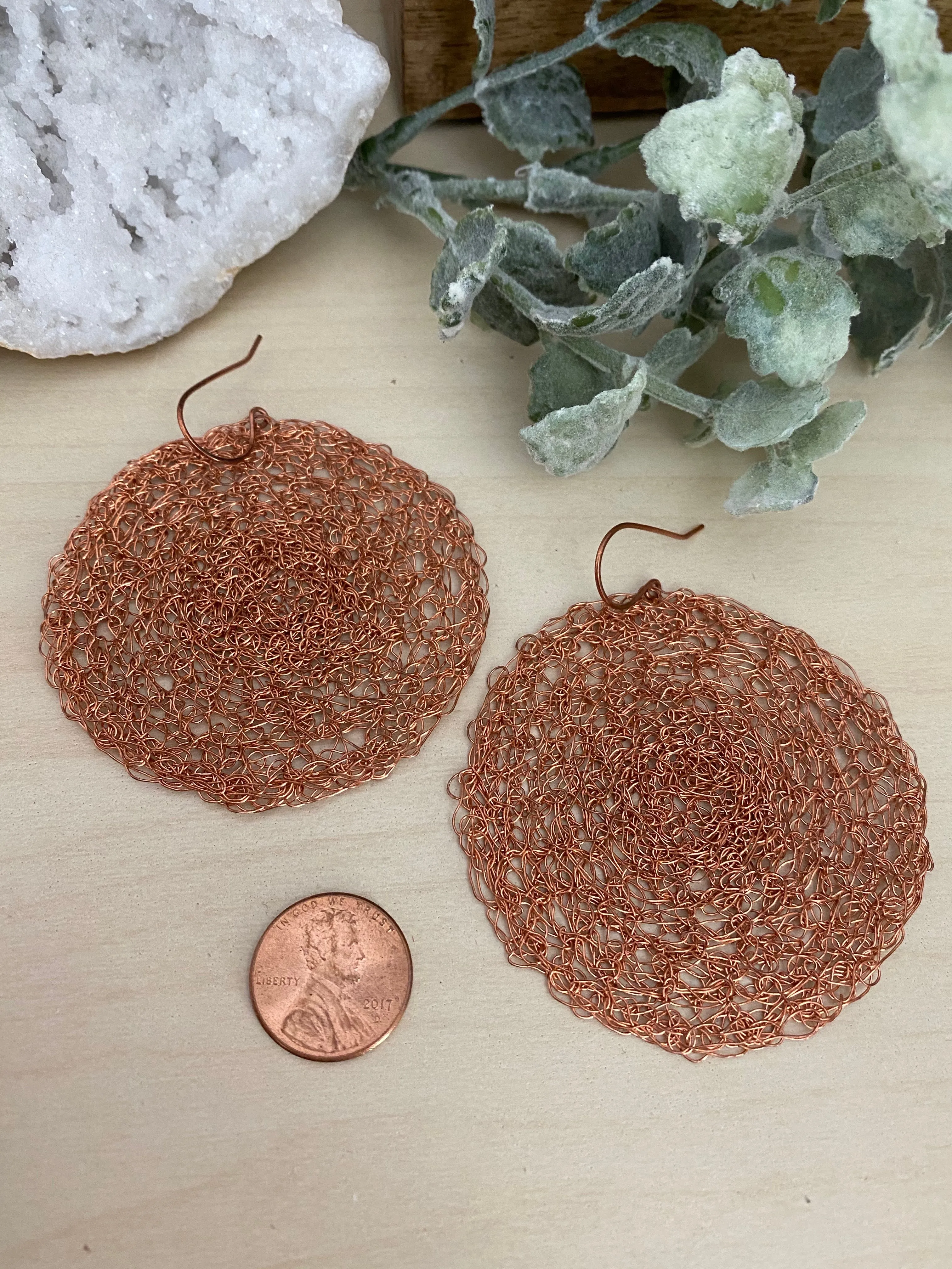 Wire Crochet Copper Tanya Earrings - Extra Large Copper Disc Earrings