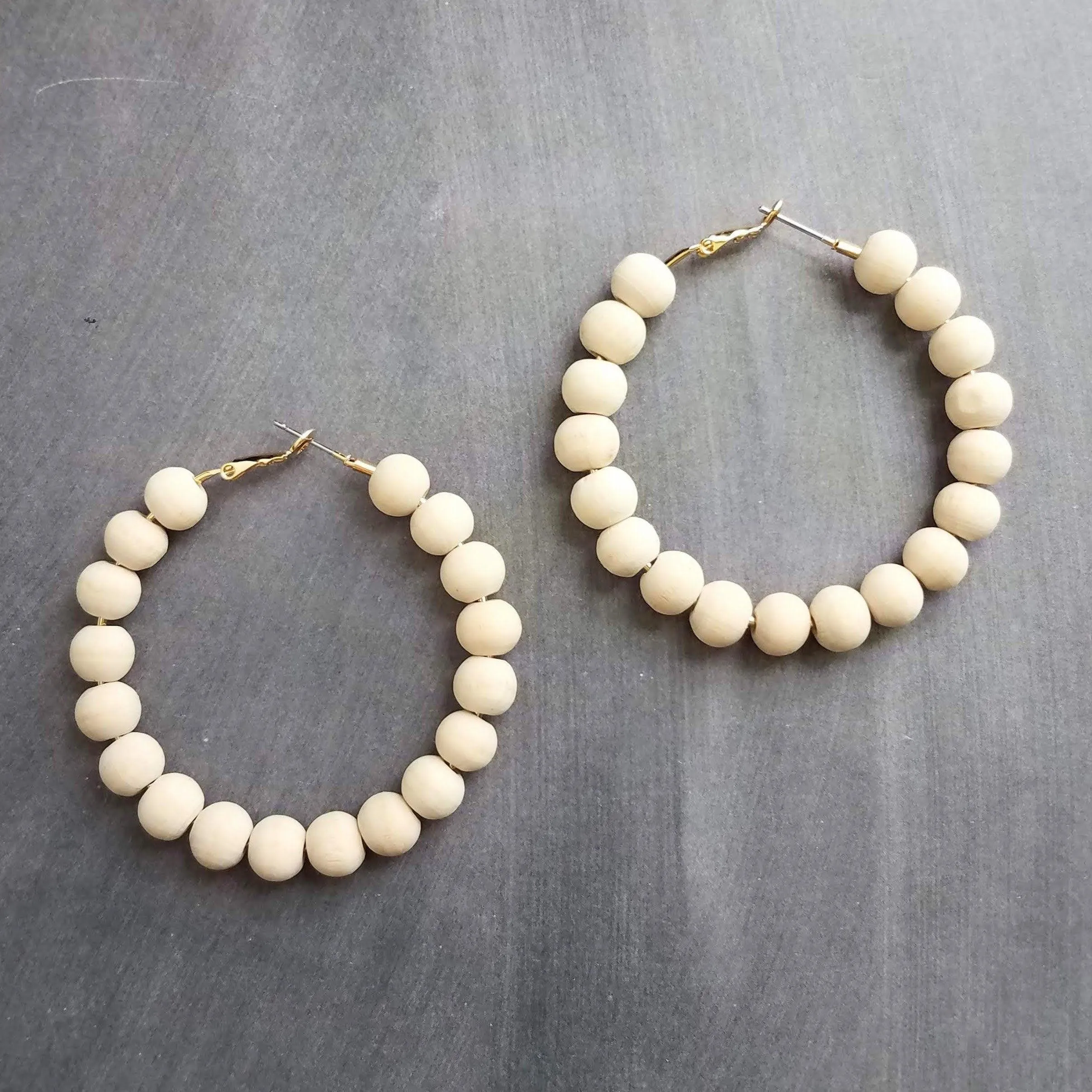 Wood Bead Hoop Earrings, small gold hoop, summer earrings, beaded hoops, wooden bead earring, natural wood beads, small hoops, boho hoops