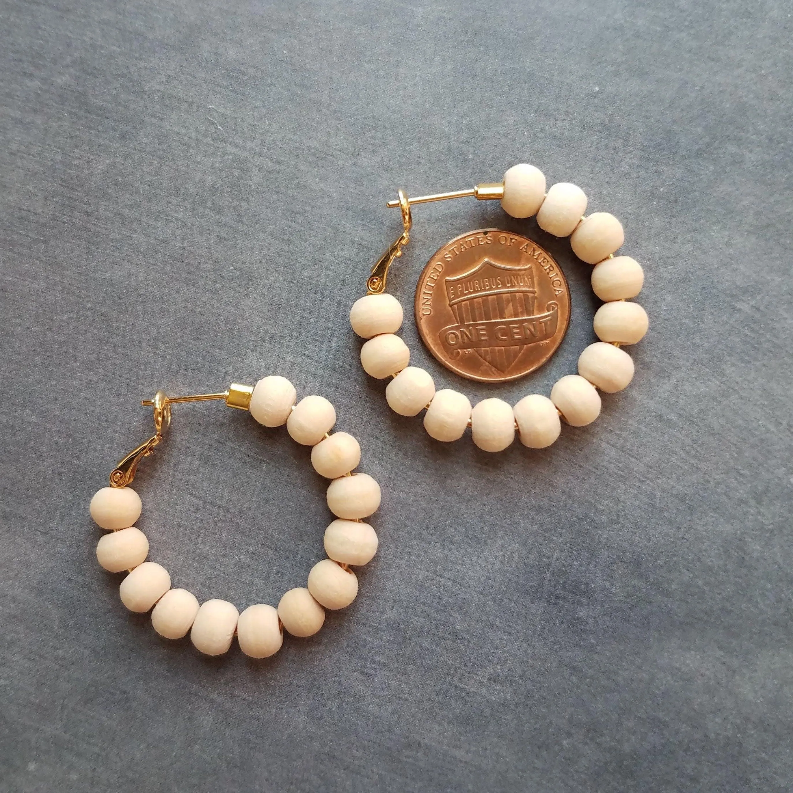 Wood Bead Hoop Earrings, small gold hoop, summer earrings, beaded hoops, wooden bead earring, natural wood beads, small hoops, boho hoops