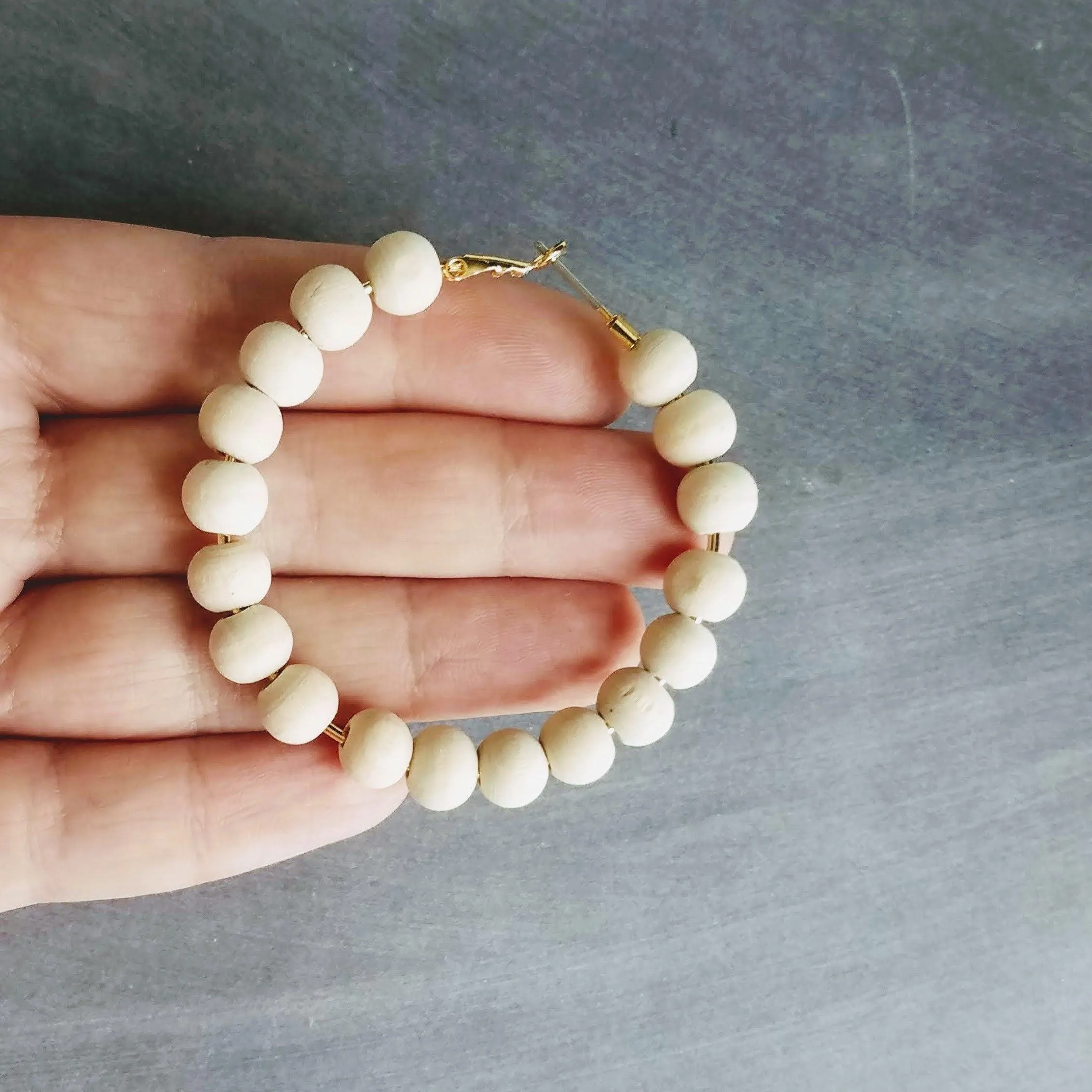 Wood Bead Hoop Earrings, small gold hoop, summer earrings, beaded hoops, wooden bead earring, natural wood beads, small hoops, boho hoops