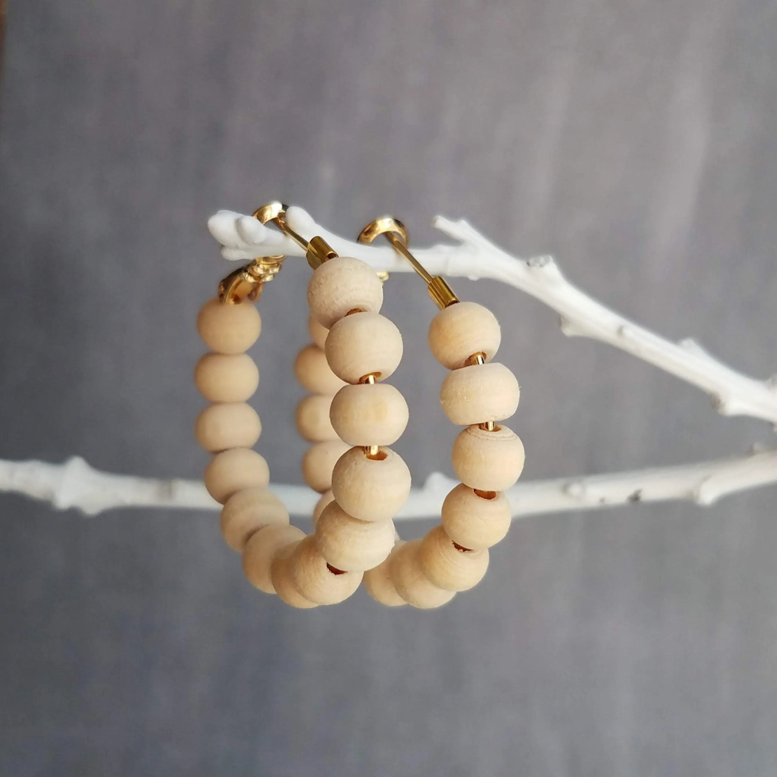 Wood Bead Hoop Earrings, small gold hoop, summer earrings, beaded hoops, wooden bead earring, natural wood beads, small hoops, boho hoops