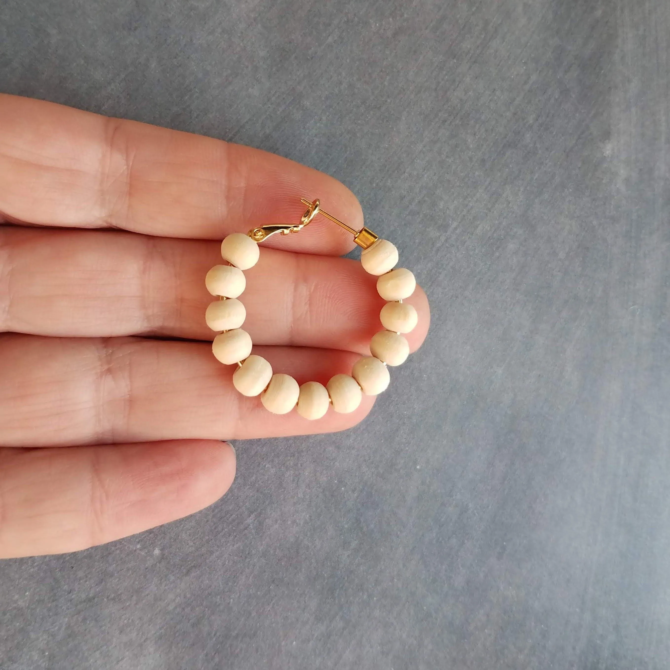 Wood Bead Hoop Earrings, small gold hoop, summer earrings, beaded hoops, wooden bead earring, natural wood beads, small hoops, boho hoops