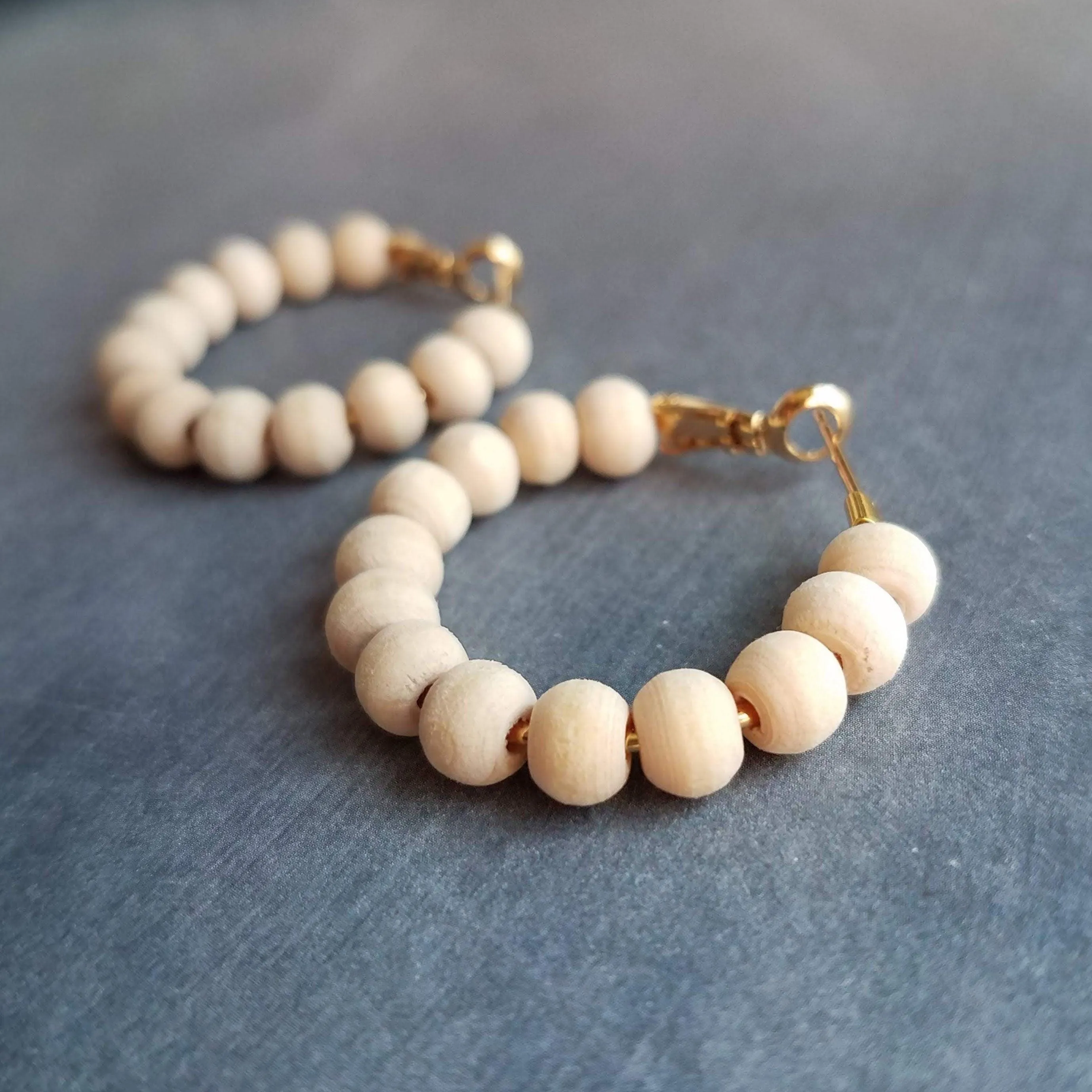 Wood Bead Hoop Earrings, small gold hoop, summer earrings, beaded hoops, wooden bead earring, natural wood beads, small hoops, boho hoops