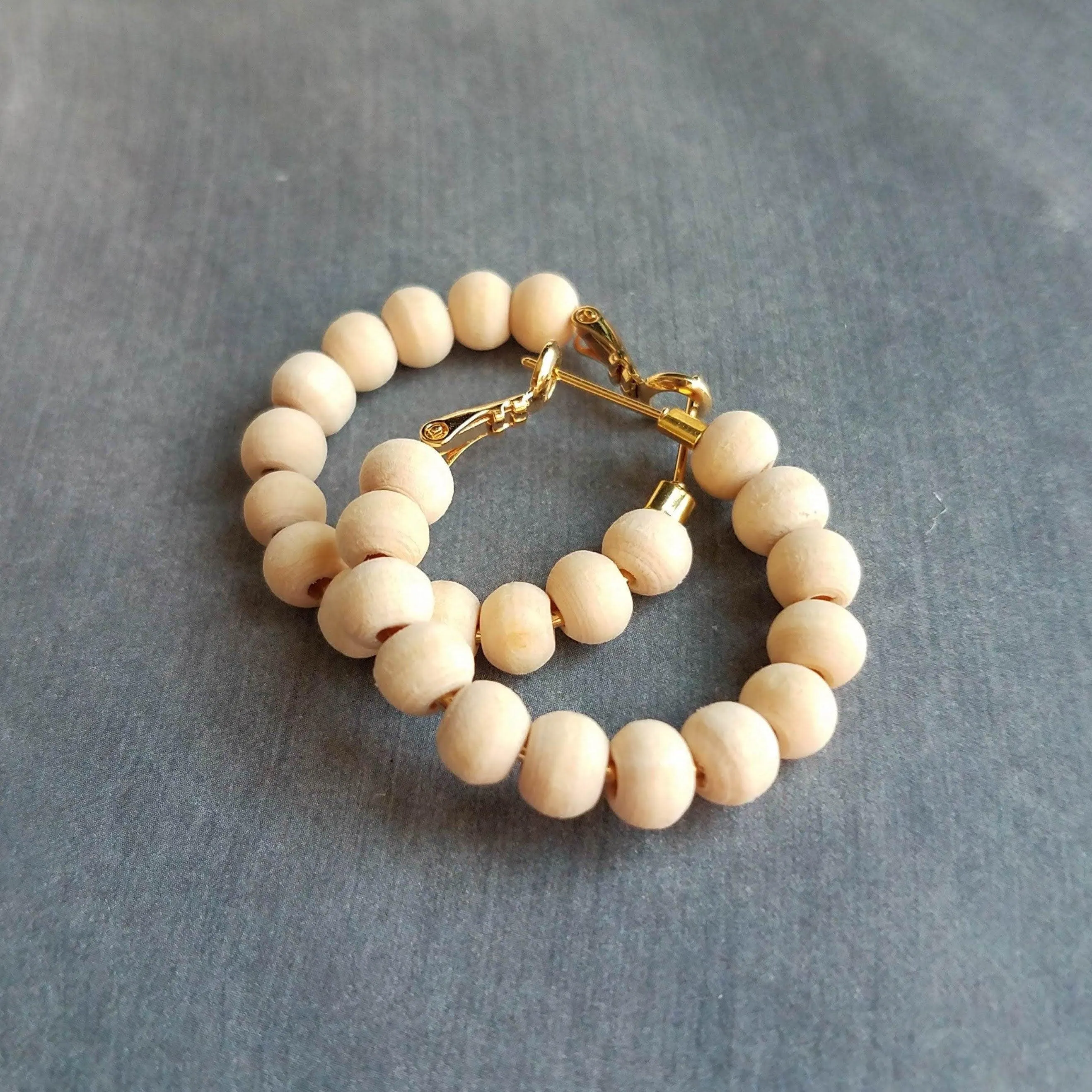 Wood Bead Hoop Earrings, small gold hoop, summer earrings, beaded hoops, wooden bead earring, natural wood beads, small hoops, boho hoops