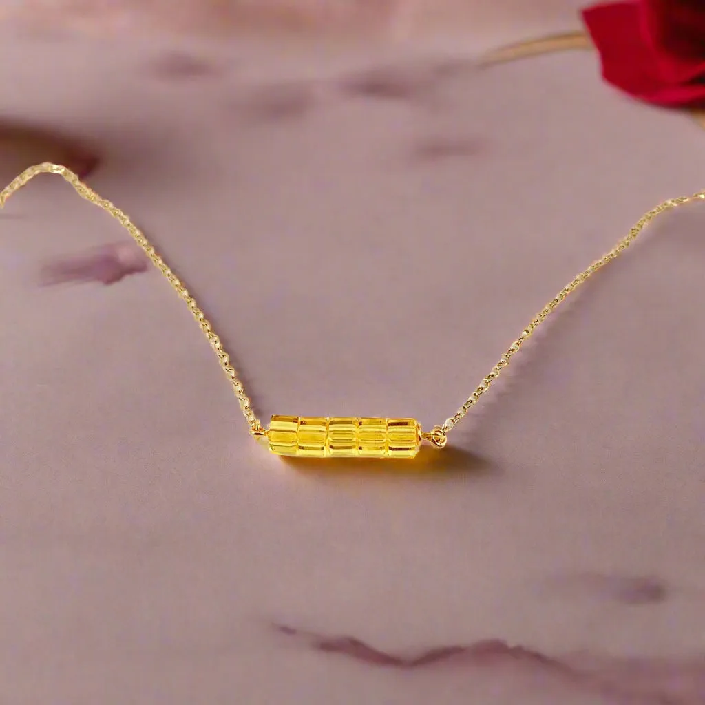 Yellow Citrine Cube Bar 14K Gold Necklace