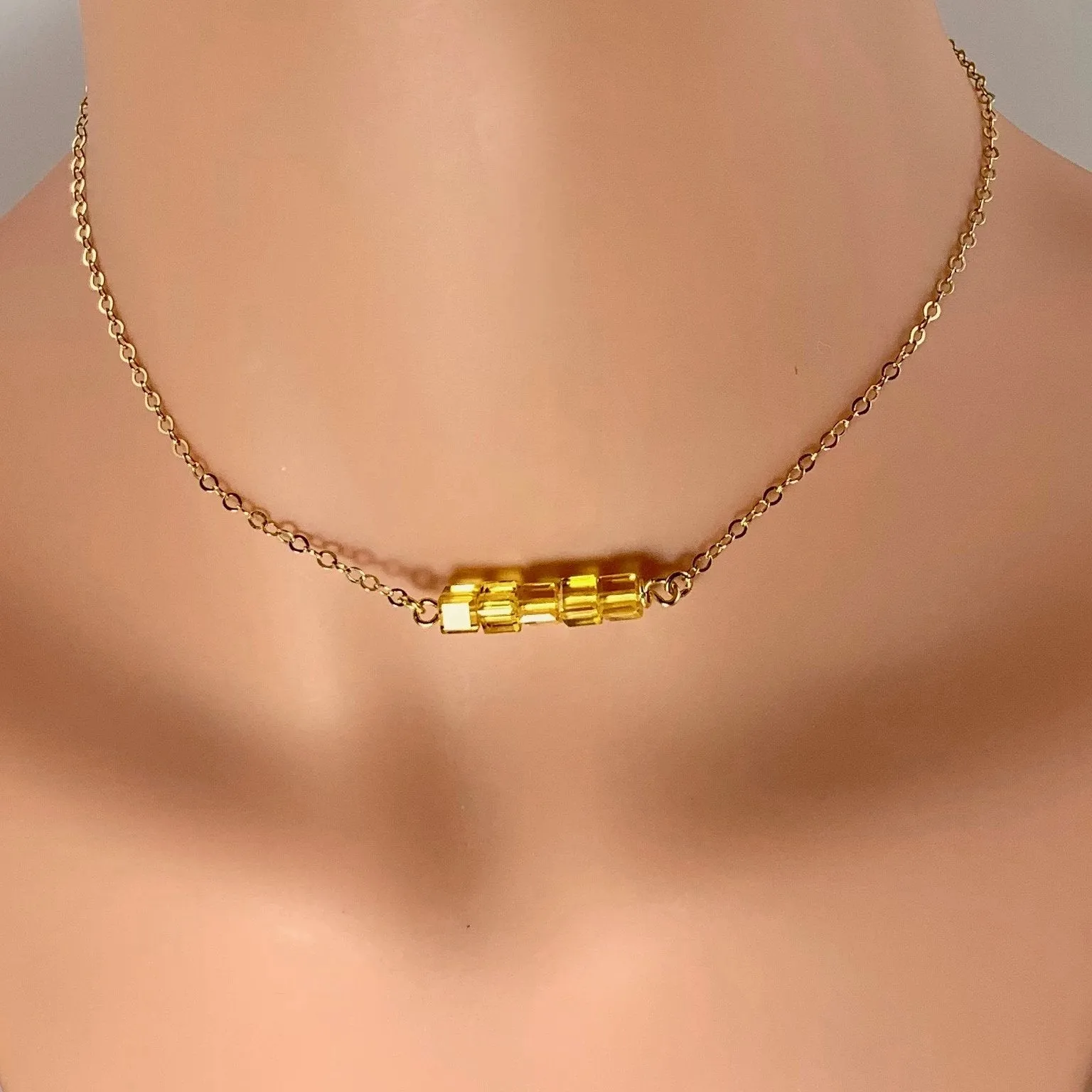 Yellow Citrine Cube Bar 14K Gold Necklace