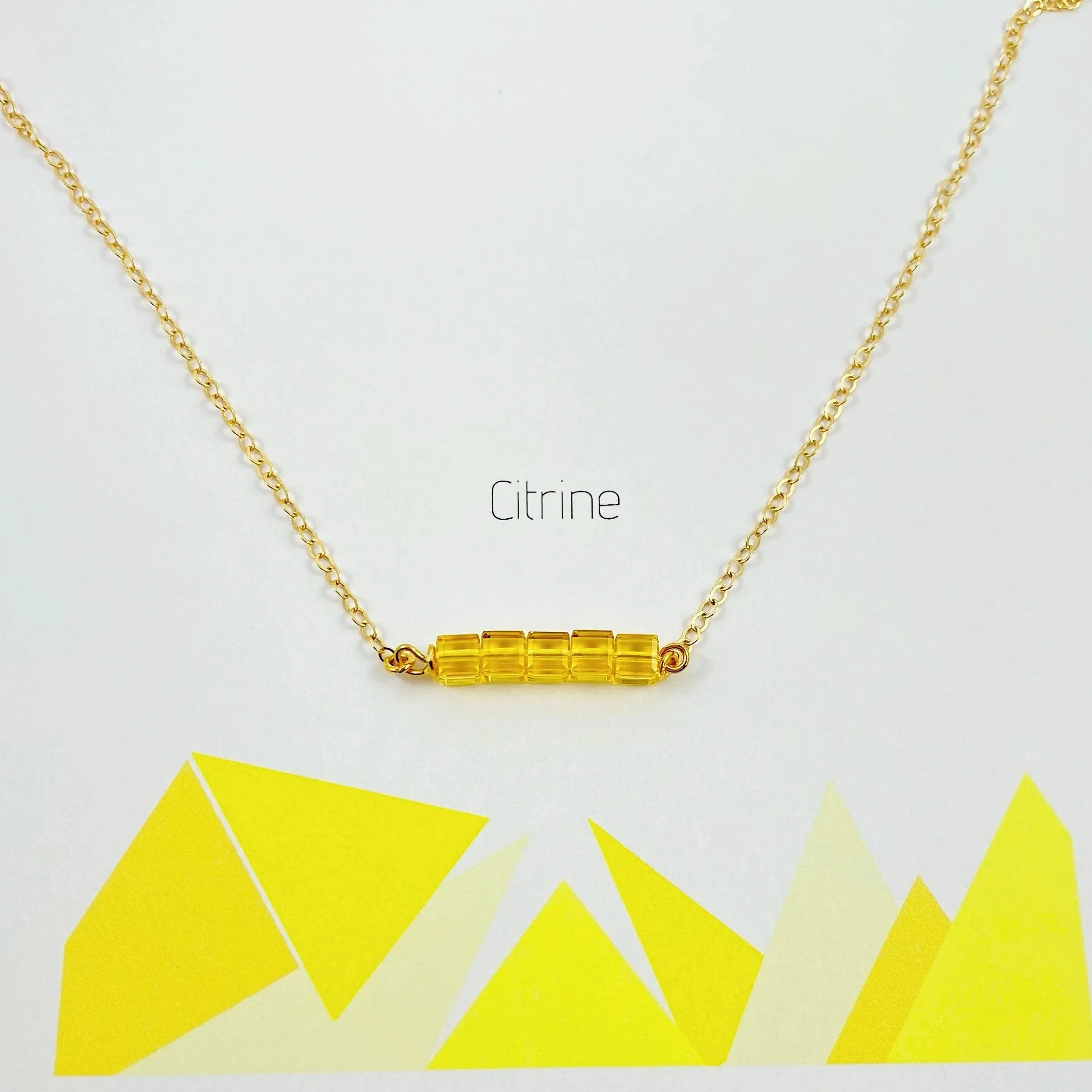 Yellow Citrine Cube Bar 14K Gold Necklace
