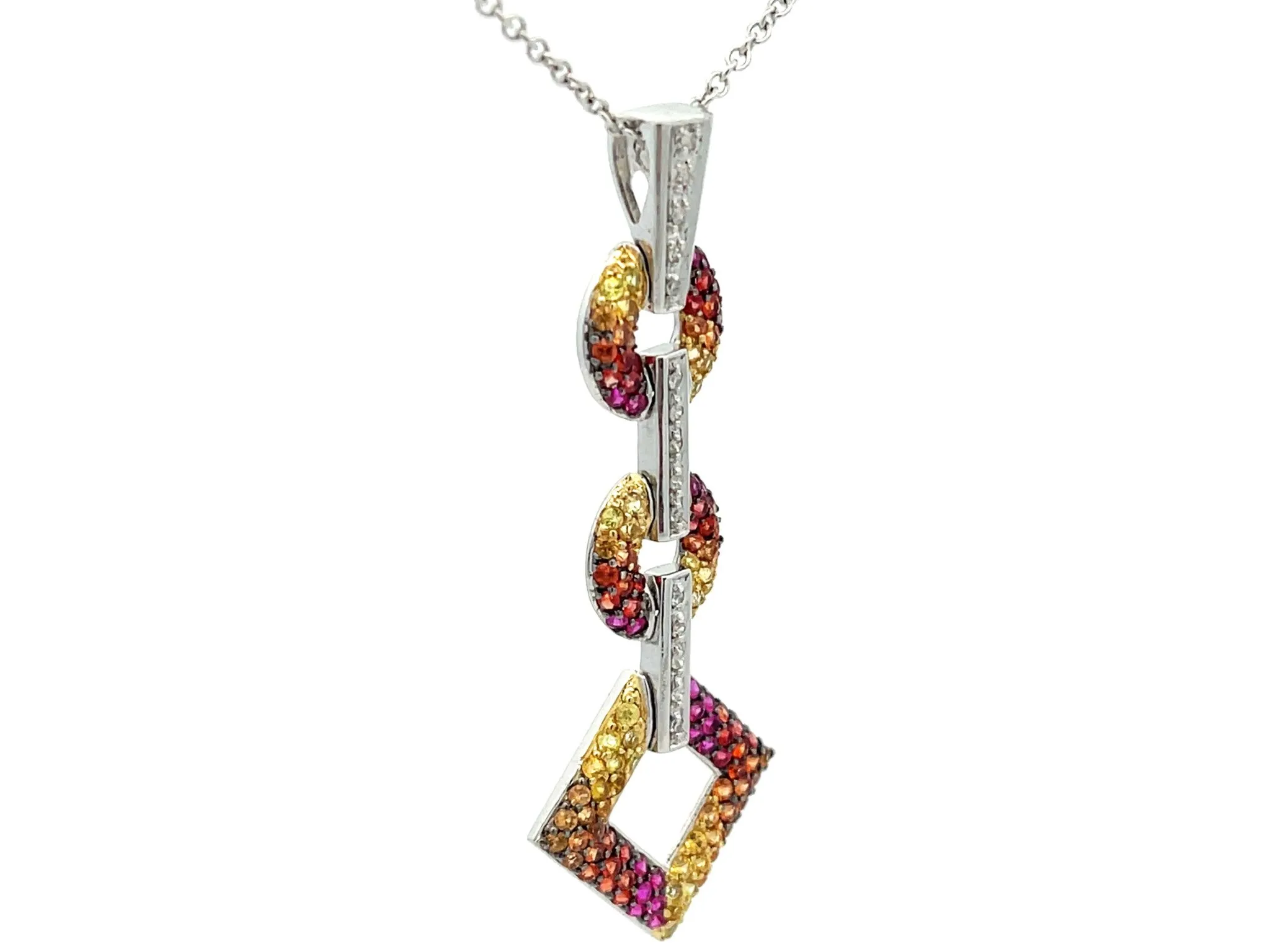 Yellow Red Orange Gemstone and Diamond Drop Pendant Necklace in 14k White Gold