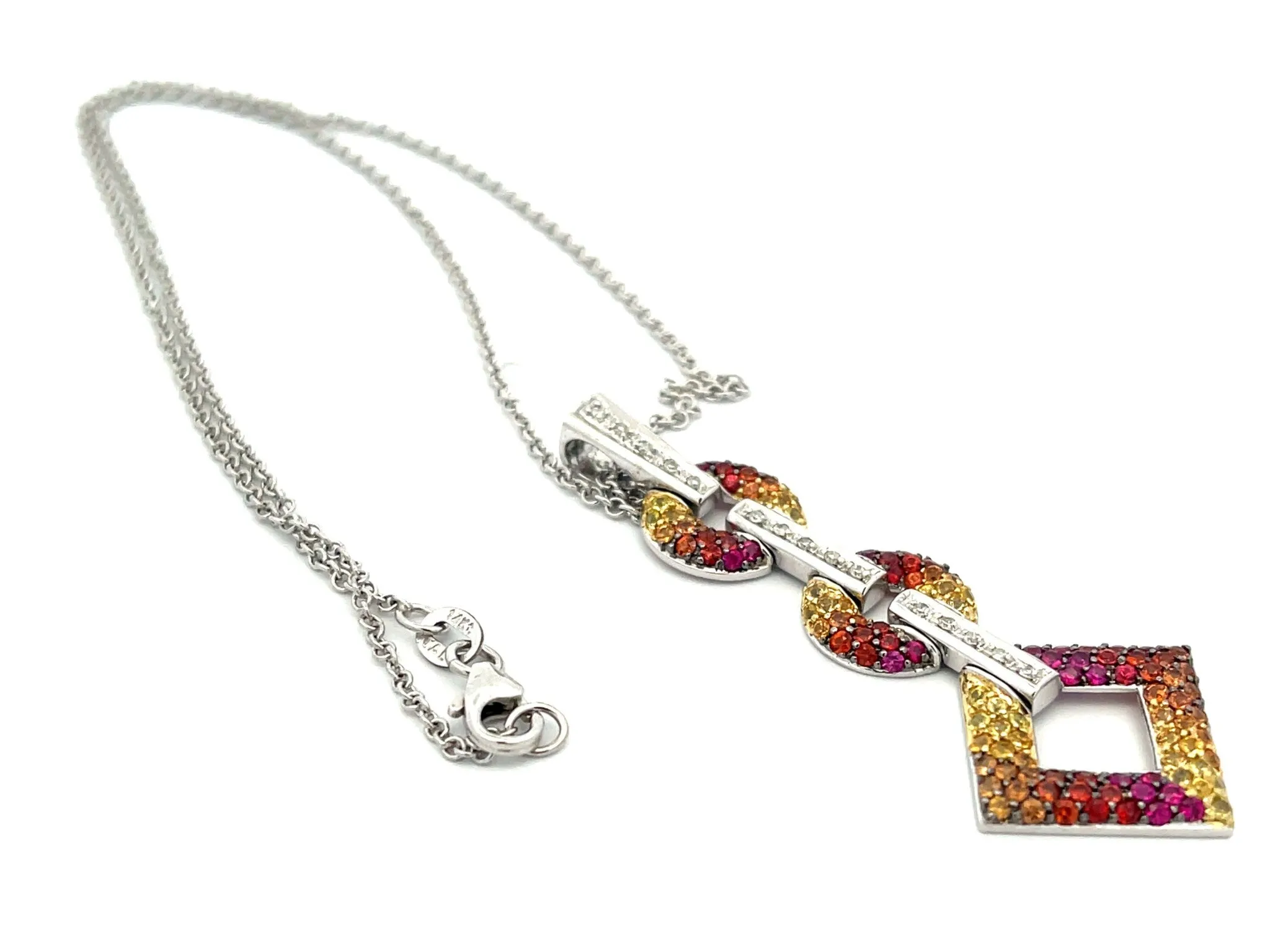 Yellow Red Orange Gemstone and Diamond Drop Pendant Necklace in 14k White Gold