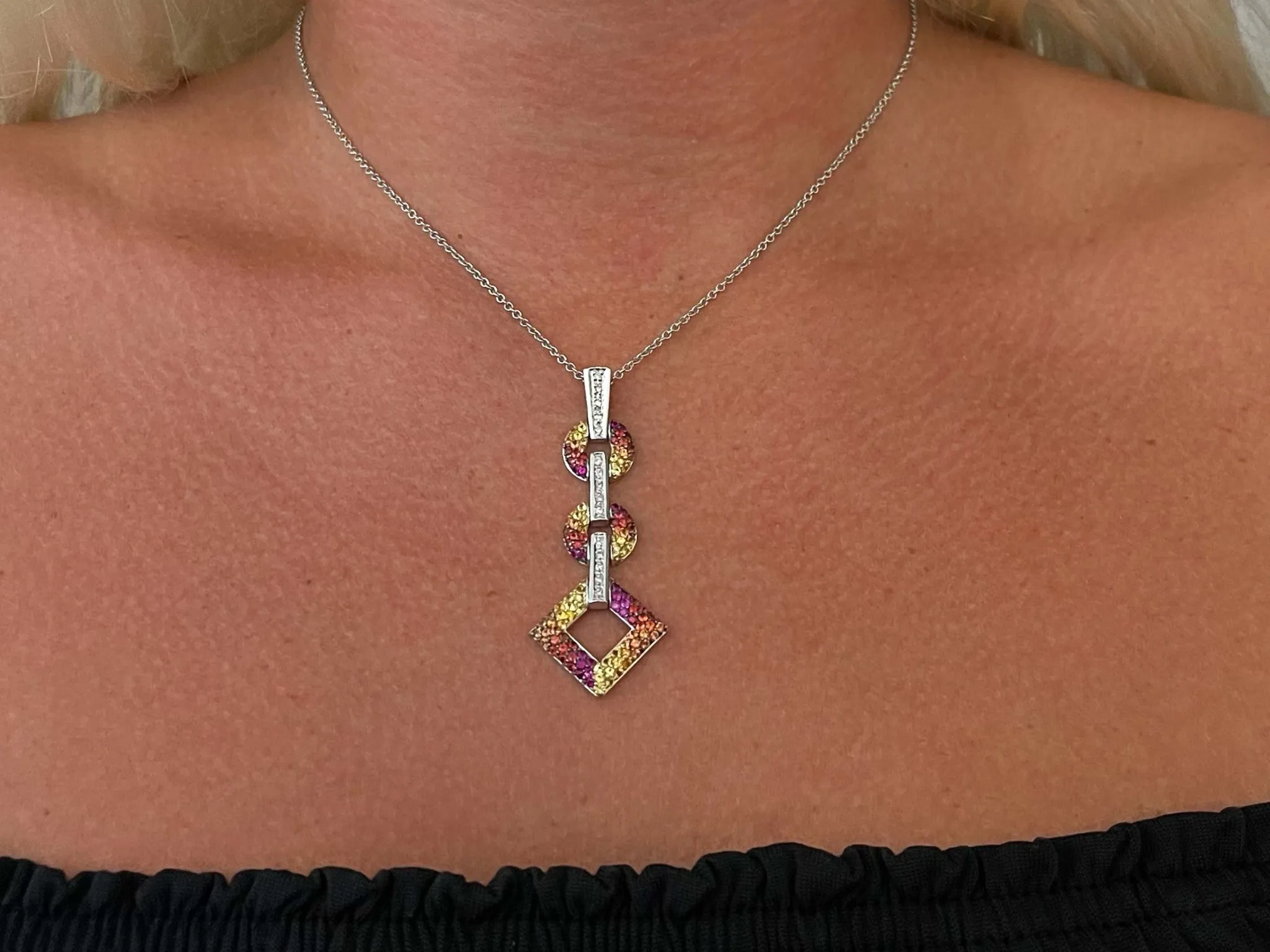 Yellow Red Orange Gemstone and Diamond Drop Pendant Necklace in 14k White Gold