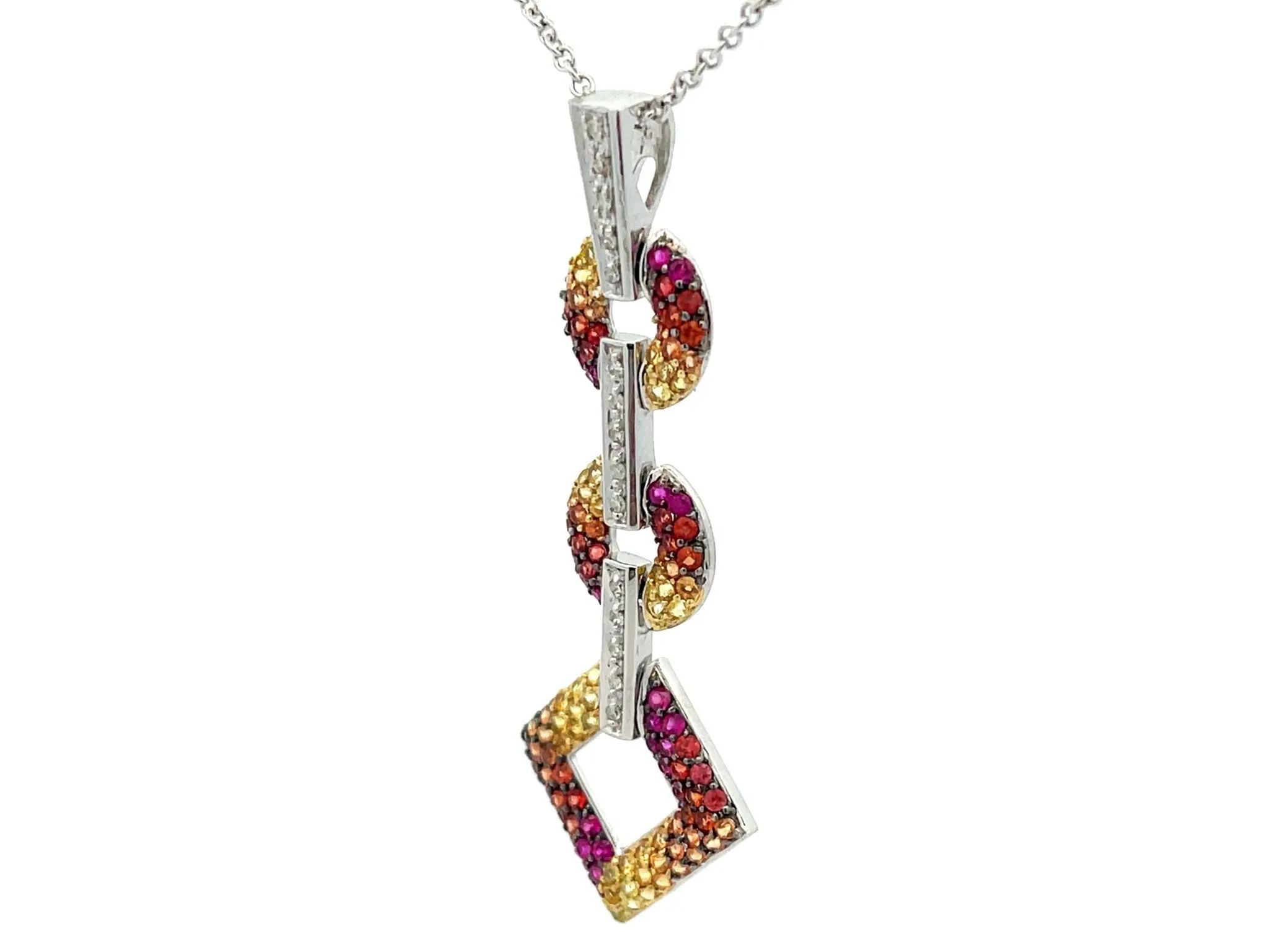 Yellow Red Orange Gemstone and Diamond Drop Pendant Necklace in 14k White Gold