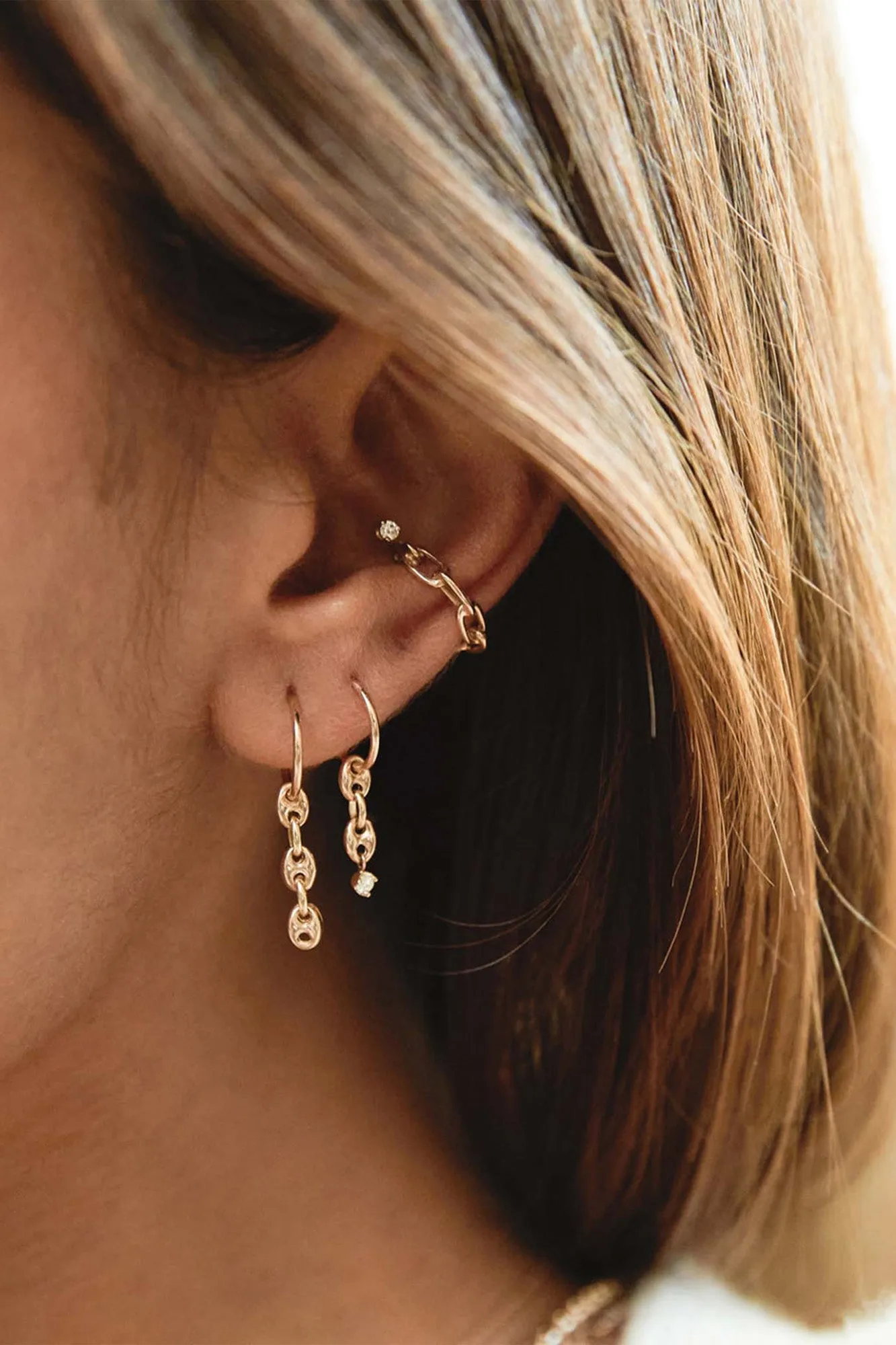 Zoe Chicco Dangling Diamond & Puffed Mariner Chain Thin Huggie Hoops in 14k Yellow Gold